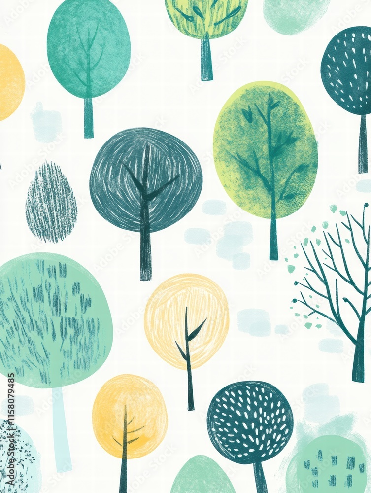 Poster colorful naive art style background featuring various trees and foliage with ample copy space for cu
