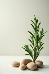 Rosemary sprigs with pebbles at the base on a neutral background, subtle, nature