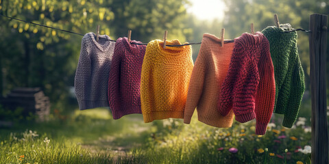 Five Knit Sweaters Drying on Clothesline