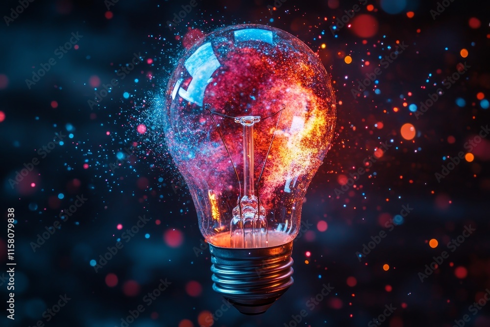 Wall mural exploding lightbulb with vibrant, colorful nebula inside, sparks and bokeh effect.