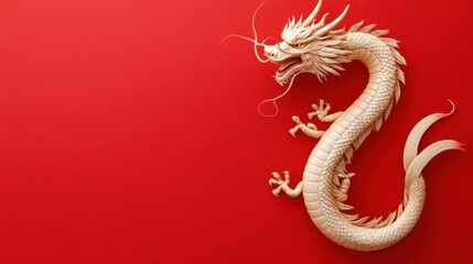 Obraz premium A detailed illustration of a mythical dragon on a vibrant red background, showcasing intricate designs and textures.