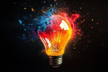 Illuminated lightbulb exploding with vibrant red, blue, and orange powder against a black background.