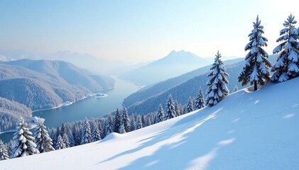 Fototapeta premium Snowy hillside with bare trees and pine trees, frostbitten landscape, snowy hillsides