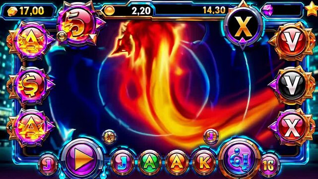 UI Interface of Fantasy Game with Fire Elemental Character, Vibrant Aesthetic, Health Bar, Level & XP Indicators, Status Effects, Inventory Slots, for Strategy and Combat Analysis