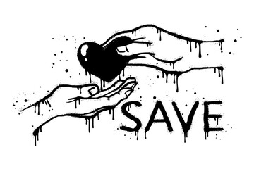 Spray painted graffiti donate in black over white. Concept of charity and donation. hands Give and share love to people. vector illustration