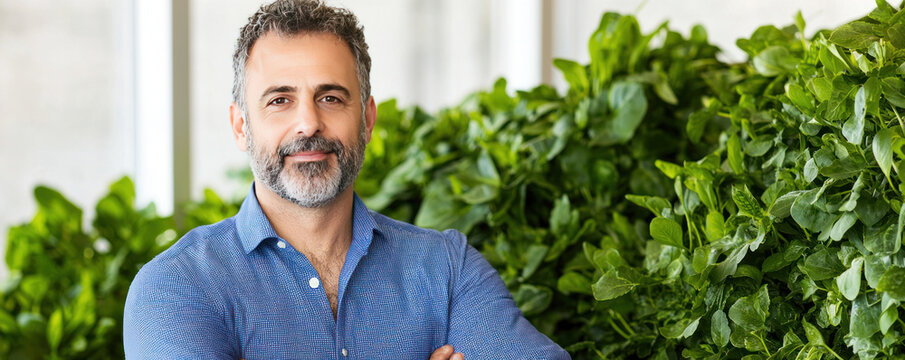 confident man stands with crossed arms in front of lush green plants, showcasing vibrant indoor garden