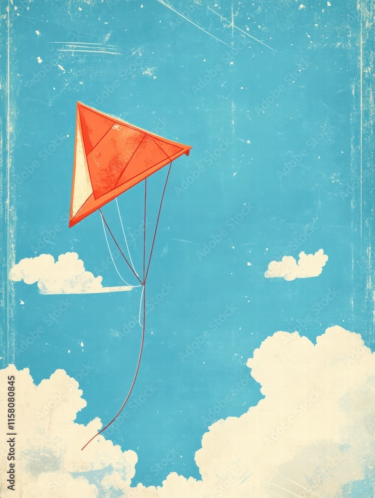 Poster Vibrant sky with a colorful kite soaring above fluffy clouds in a naive art style setting. Generative AI