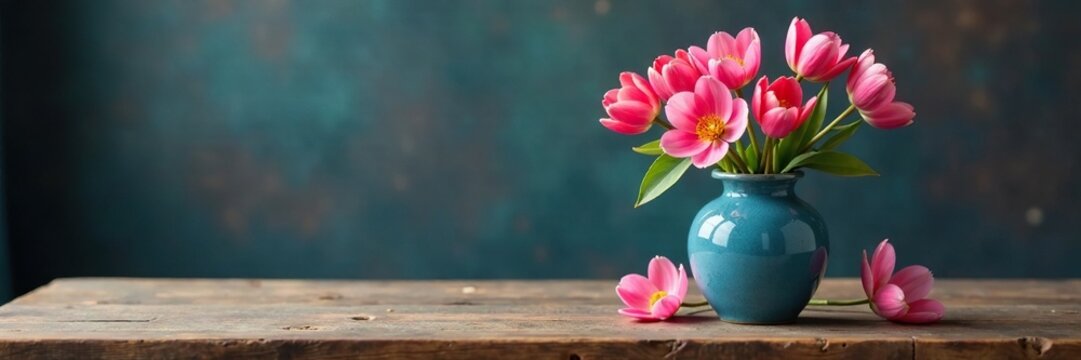 Tavola di legno con un vaso blu, un ramo di tulipani rosa e foglie, vaso, tulipani, tavola