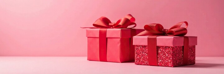 Three red gift boxes with sequins placed in front of a soft pink backdrop, presents, birthday
