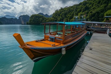 Wooden longtail boat moored at a tropical pier, turquoise water, limestone cliffs background.