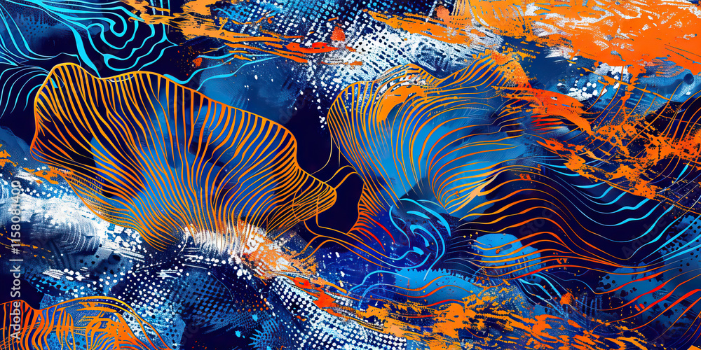 Poster abstract composition with linear forms in blue and orange