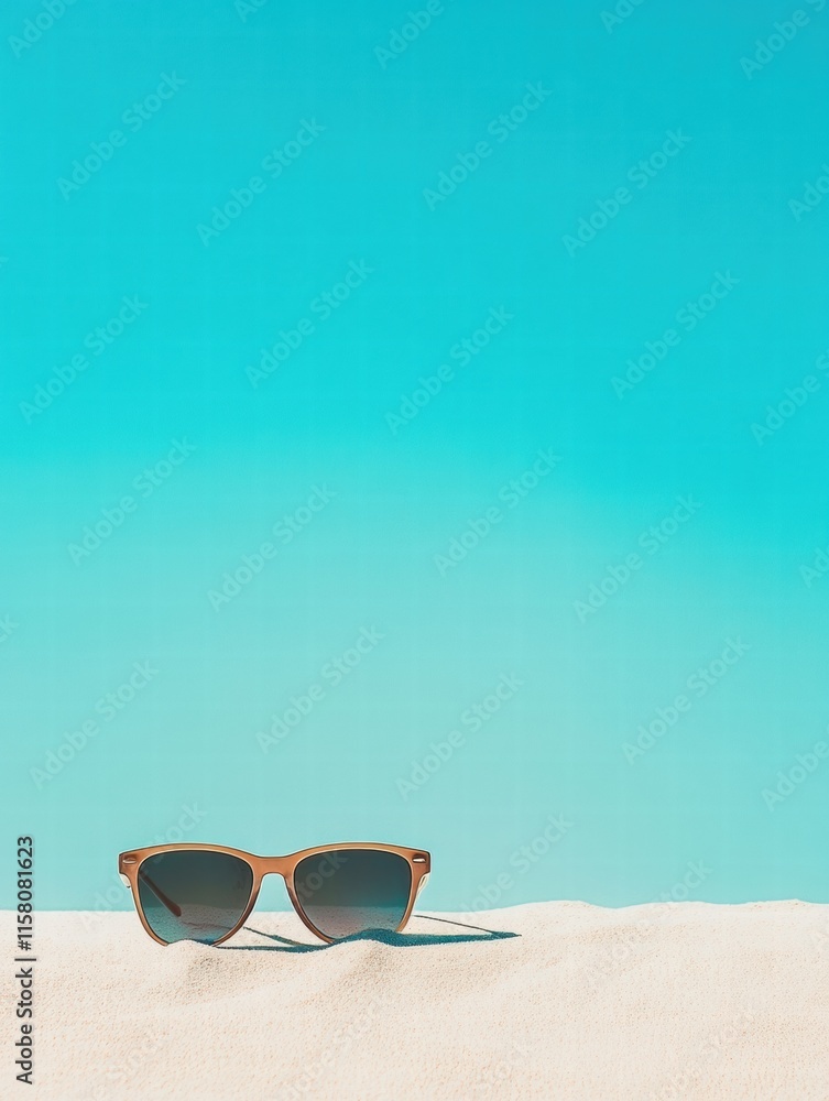 Poster bright summer day at the beach with sunglasses placed on white sand inviting relaxation and enjoymen