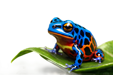 A vibrant poison dart frog perched on a leaf, displaying its vivid colors and intricate patterns against a stark white background.
