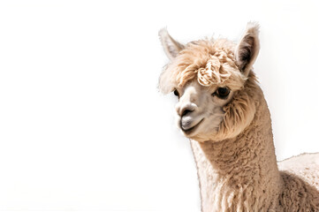 An adorable alpaca with fluffy fur, gazing curiously at the viewer against a stark white canvas.
