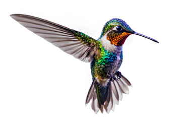 Fototapeta premium A vibrant hummingbird hovering mid-air, with its iridescent feathers and rapid wingbeats captured against a white background. 