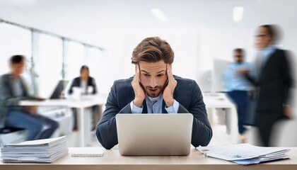 A stressed professional working at their work desk in an office environment; visibly stressed office worker worrying about completing their work; frustration in the office; high stress level in office