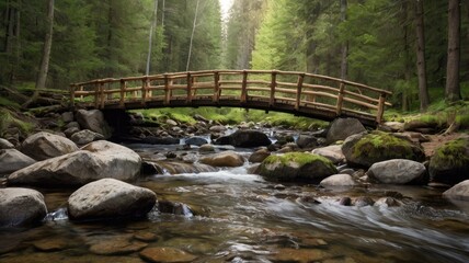 Obraz premium traveling road trip,Rustic wooden bridge crossing a peaceful forest stream