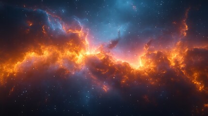 Fototapeta premium Fiery orange and blue nebula in space.