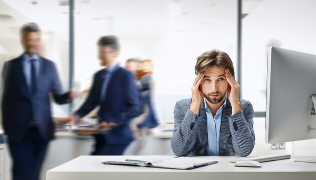 A stressed professional working at their work desk in an office environment; visibly stressed office worker worrying about completing their work; frustration in the office; high stress level in office