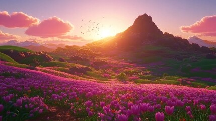 Fototapeta premium Sunset over a field of purple tulips and mountains