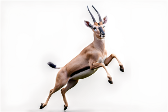 A sleek antelope gracefully leaping, showcasing its speed and agility against a clean white backdrop.
