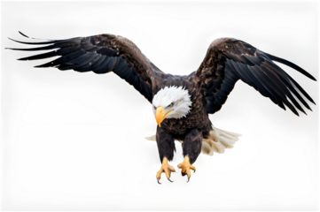 A bald eagle in mid-flight, wings outstretched and sharp gaze directed forward, isolated on a clean white backdrop.

