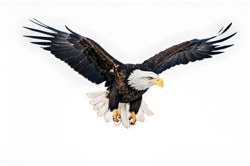 Naklejka premium A bald eagle in mid-flight, wings outstretched and sharp gaze directed forward, isolated on a clean white backdrop. 
