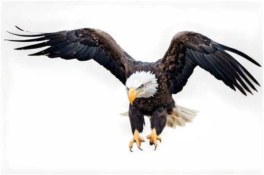 A bald eagle in mid-flight, wings outstretched and sharp gaze directed forward, isolated on a clean white backdrop.
