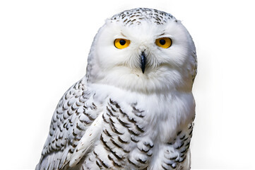 A snowy owl with its piercing yellow eyes and white plumage, perched regally against a simple white background.
