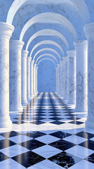 Fototapeta premium Elegant marble columns create a stunning visual in a spacious corridor with a checkered floor