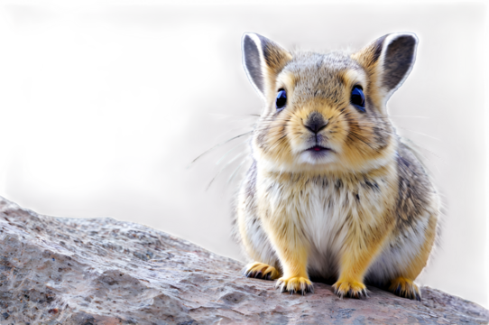 A cute pika sitting on a rock, with its rounded ears and inquisitive expression isolated against a white background.
