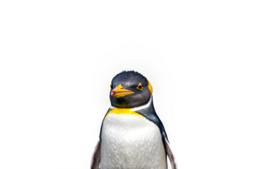 A macaroni penguin with its distinctive yellow crest, standing proudly and isolated on a clean white background.
