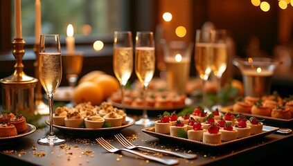 Elegant Festive Dinner Table Setting with Appetizers and Champagne
