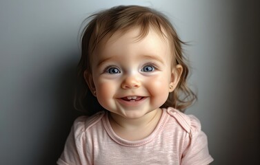 Naklejka premium A baby is smiling and wearing a pink sweater