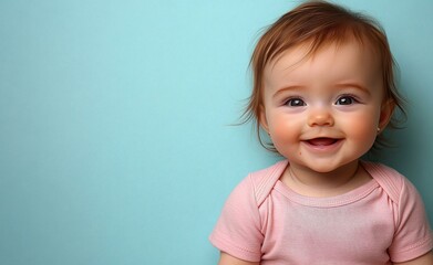 Naklejka premium A baby is smiling and wearing a pink sweater