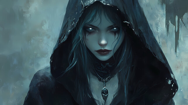 Female drow necromancer portrait: hooded robe fantasy art. Eldritch. Illustration