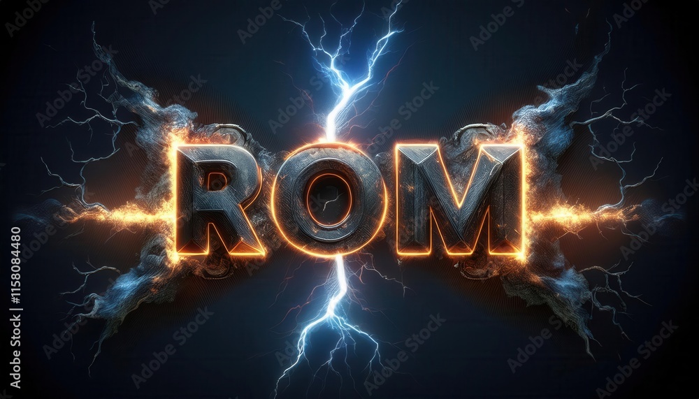 Poster dynamic electric rendering of the word rom with lightning effects
