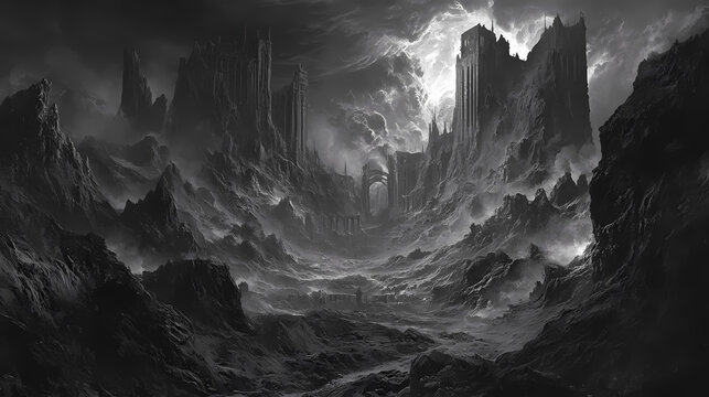 Foreboding demonic presence looming in apocalyptic hellscape. Eldritch. Illustration