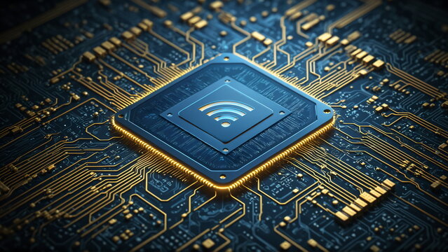 Futuristic Cyberpunk Microchip with Blue and Gold Wi-Fi Symbol, Detailed 3D Render Featuring Realistic Electronic Circuits and Depicting Wi-Fi 6, 7, 8 Breakthroughs for Media Use
