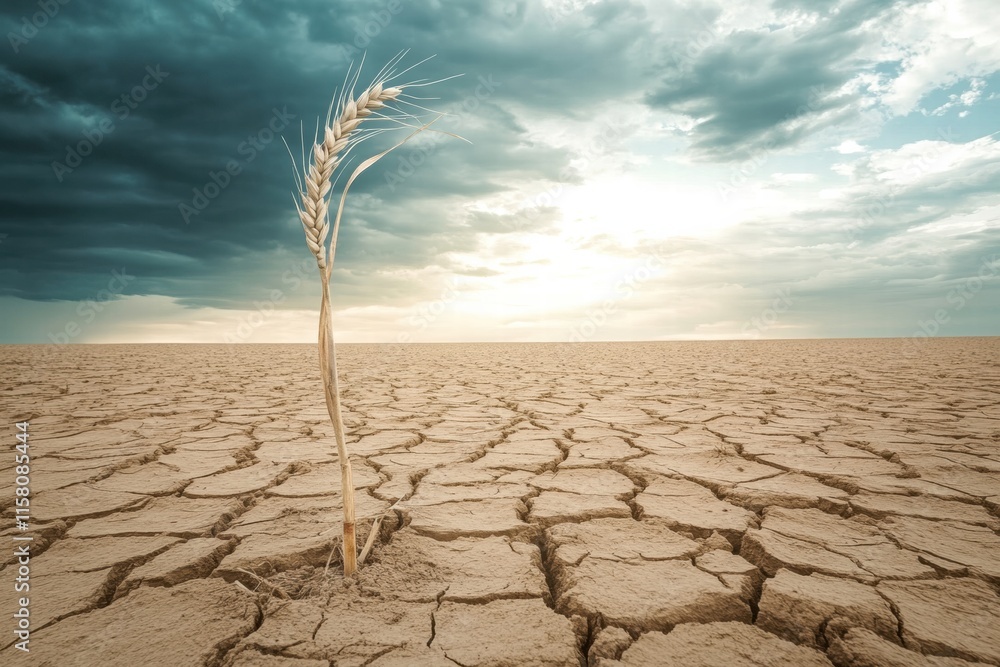 Aufkleber dry barren field with a single stalk of withered wheat under a cloudy sky at sunset. generative ai