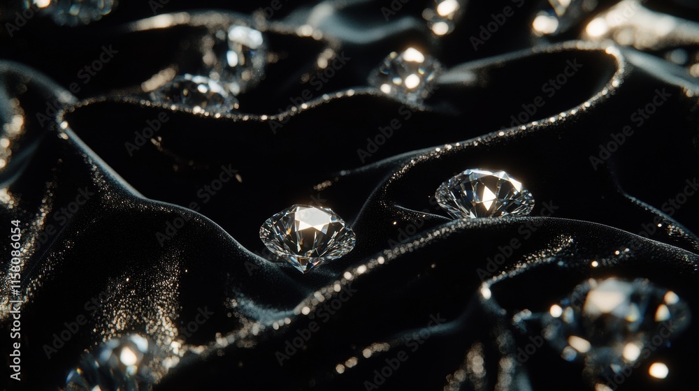 Aufkleber Large sparkling diamonds scattered on waving black fabric with ample copy space for text. Generative AI