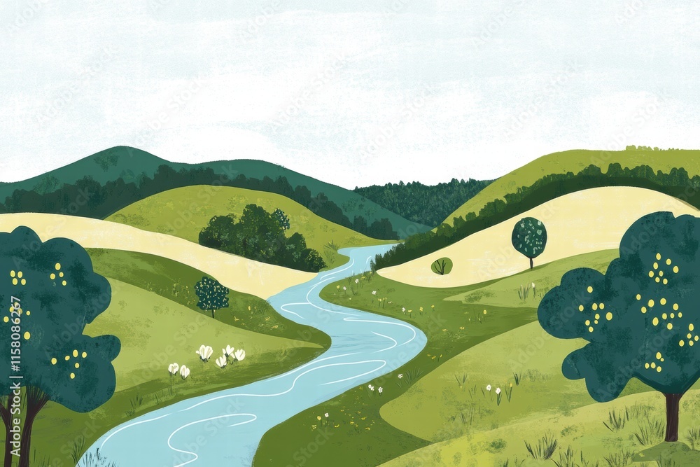 Fototapete naive art style landscape with serene river flowing through green hills and trees in a tranquil, inv