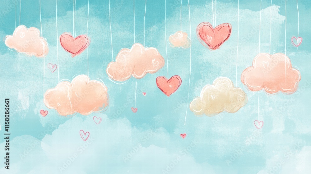 Poster whimsical valentines day design featuring playful hearts and clouds with ample space for personalize