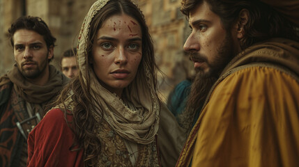 Naklejka premium Medieval fantasy scene featuring three figures in period clothing with dramatic lighting. Woman in center wears red dress and beige scarf, showing scratches on face and intense gaze