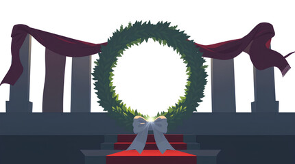 festive evergreen wreath with red ribbons tied at the sides