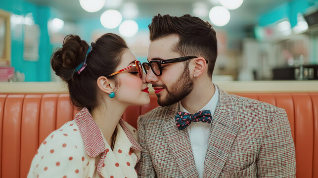 couple in 1950s attire sharing romantic moment in diner, showcasing love and nostalgia
