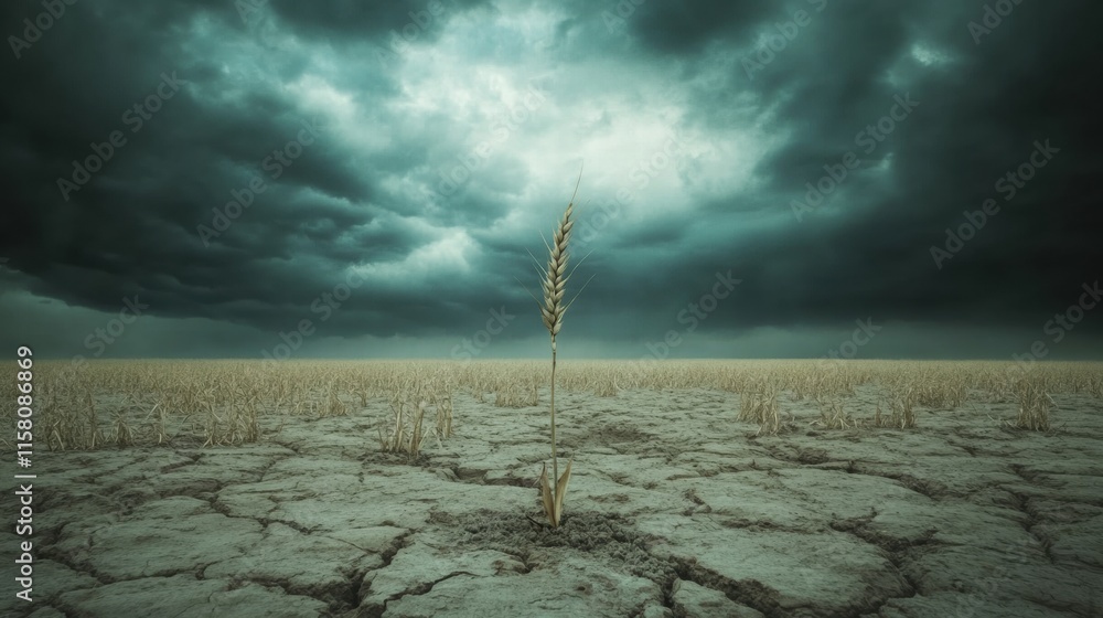 Poster Dry barren field showcasing a single stalk of withered wheat under an ominous sky. Generative AI