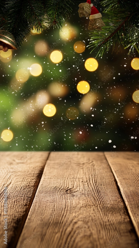 Aufkleber festive christmas background with empty rustic wooden table and blurred green pine tree branches dec