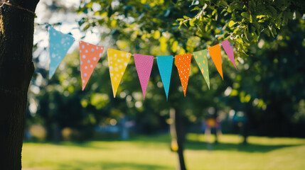 Colorful birthday banner with vibrant flags hanging in park, surrounded by greenery, creating festive atmosphere for celebrations and gatherings