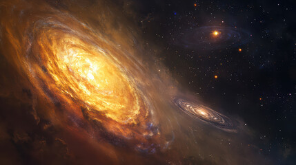 Obraz premium captivating view of galaxy with swirling colors, showcasing vibrant hues of orange and yellow against backdrop of stars and cosmic elements
